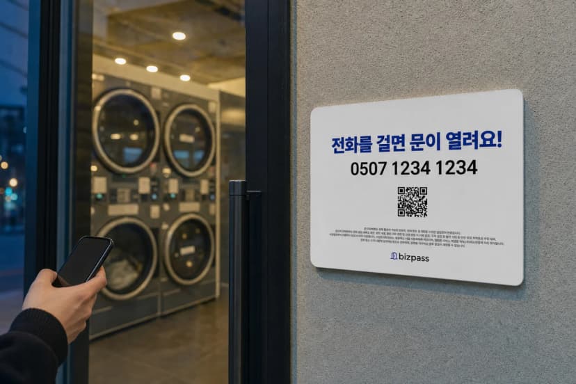 무인 세탁매장 문 앞에서 전화번호와 QR을 확인할 수 있는 비즈패스 안내