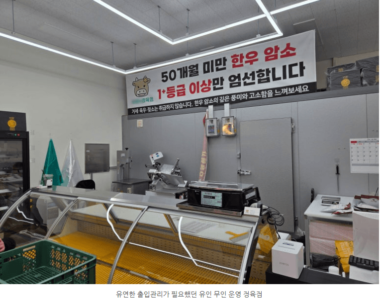 정육점 매장 내부, 신선한 정육이 전시된 냉장 진열대