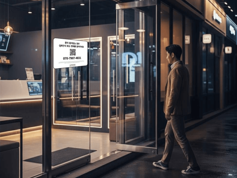 밤 시간 문 앞 안내문과 QR 코드