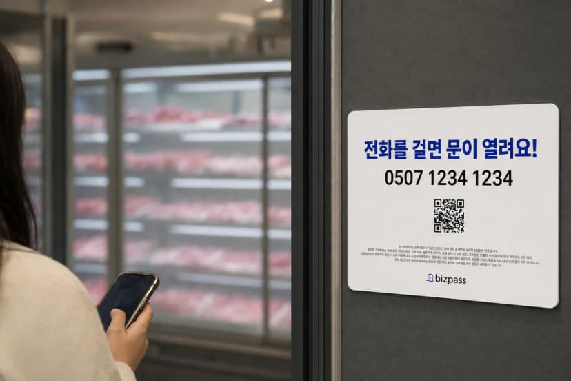 전화번호를 가장 크게 보여주고 QR을 보조 수단으로 배치한 비즈패스 출입 안내판