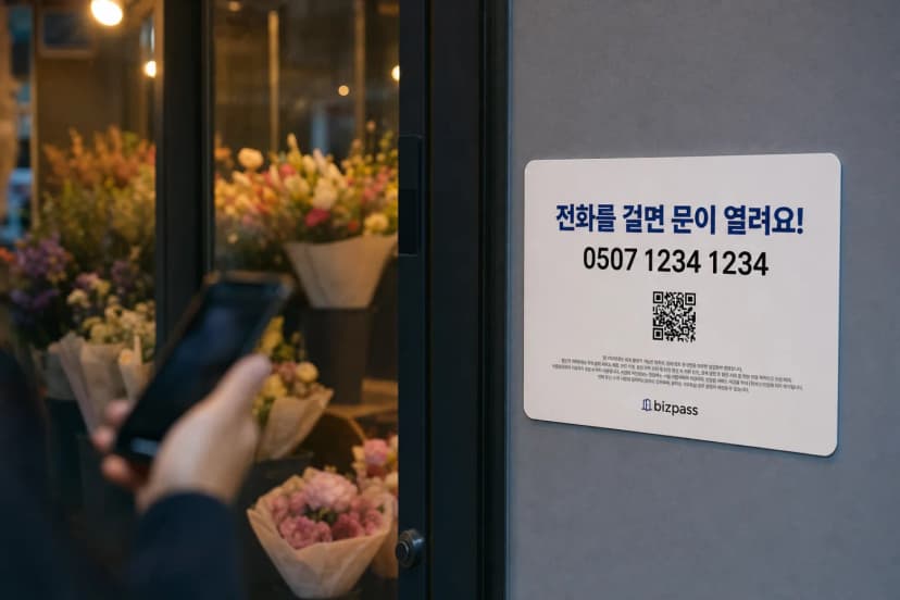 비즈패스 출입 안내가 설치된 무인 꽃집을 이용하는 손님