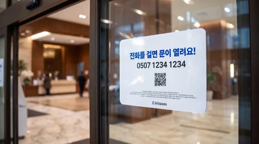 전화번호와 QR 입장 방법을 문 앞에서 바로 확인할 수 있는 비즈패스 안내판