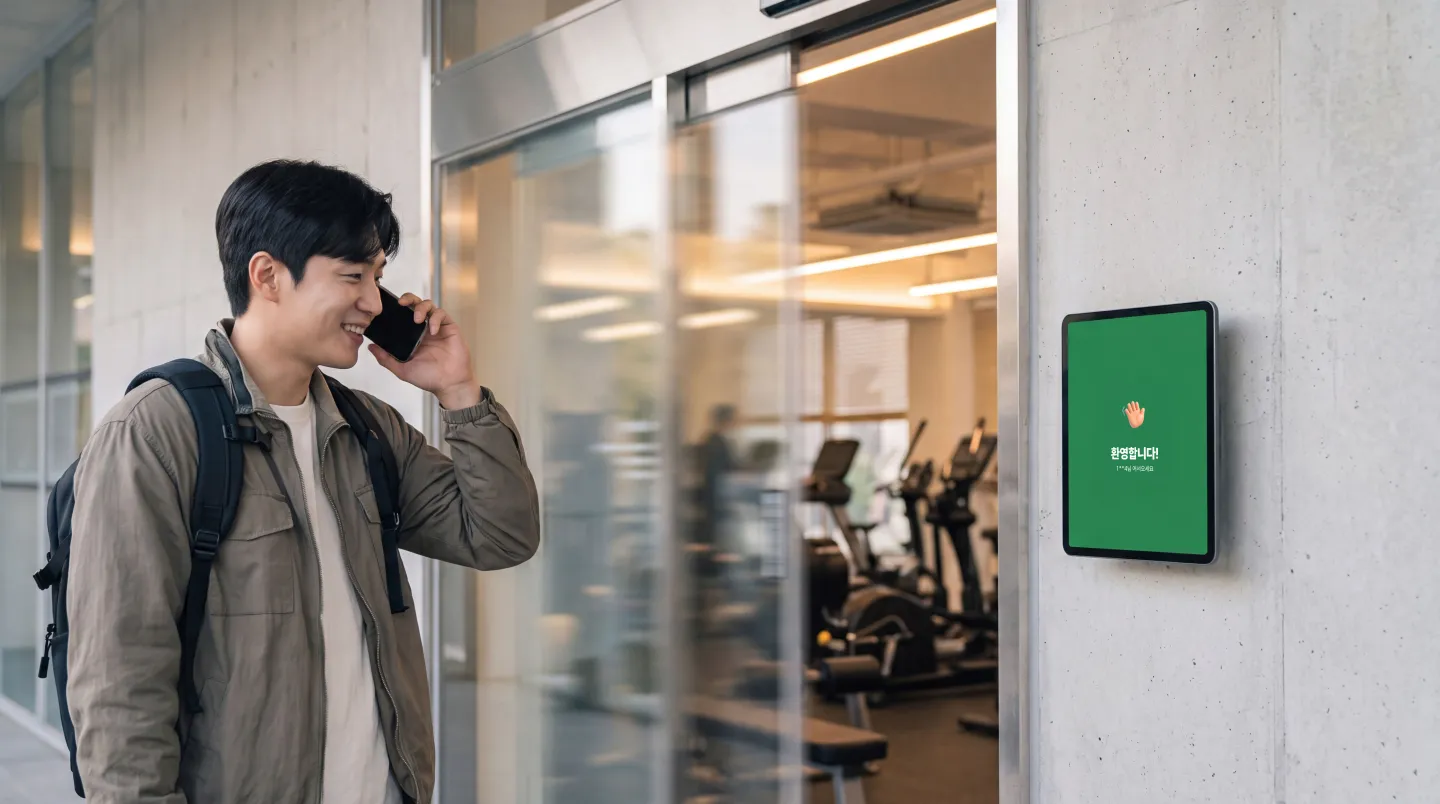 24시 헬스장 입구에서 회원이 출입 인증을 하고 들어간다.