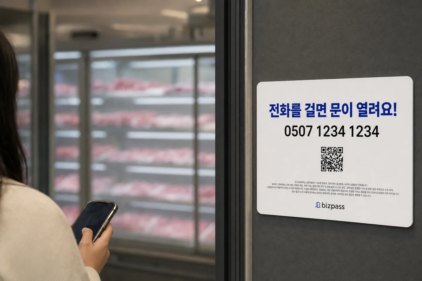 무인매장 유리문 옆에 붙은 비즈패스 안내판 — 전화번호와 QR 만 있다