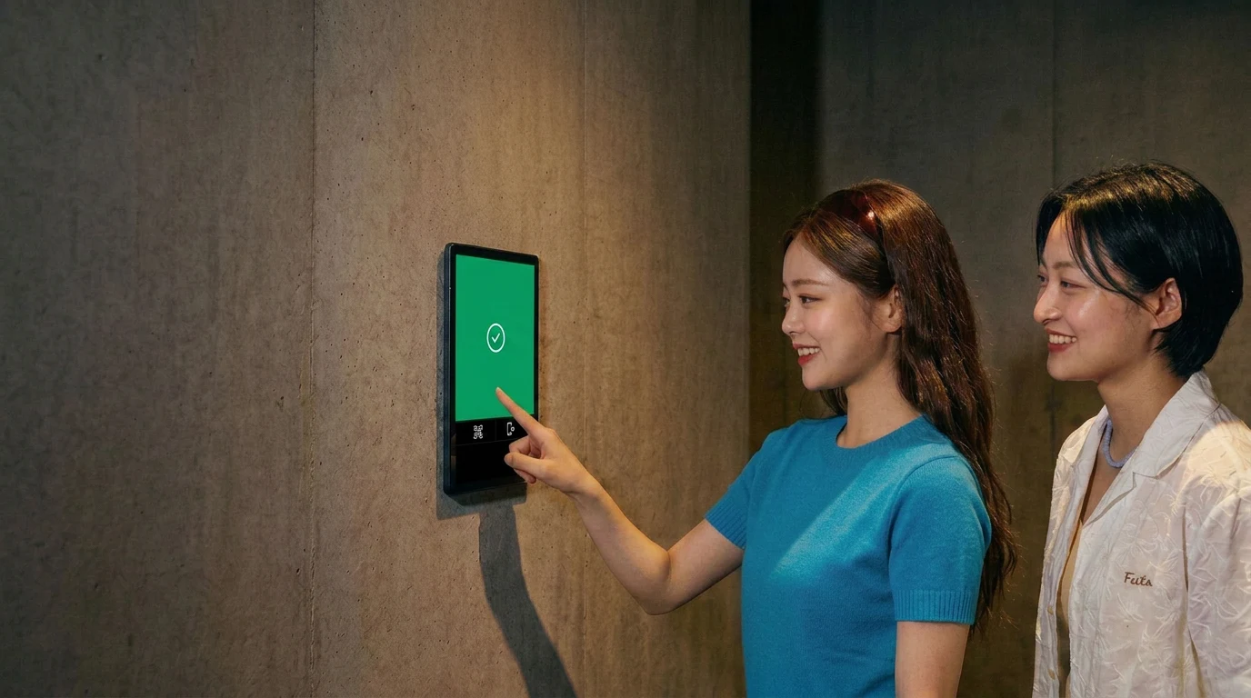 피트니스 센터 입구에서 두 회원이 Edge 10형 단말로 체크인하는 모습